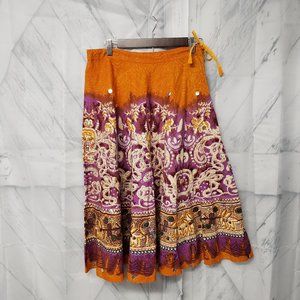 VTG Barfani Orange Purple Boho Floral Cotton Midi Skirt OSFM